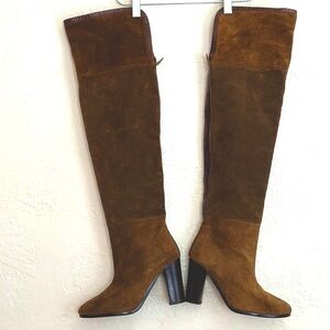Zara woman thigh high suede leather high heels boots tricolor + leather trim 37